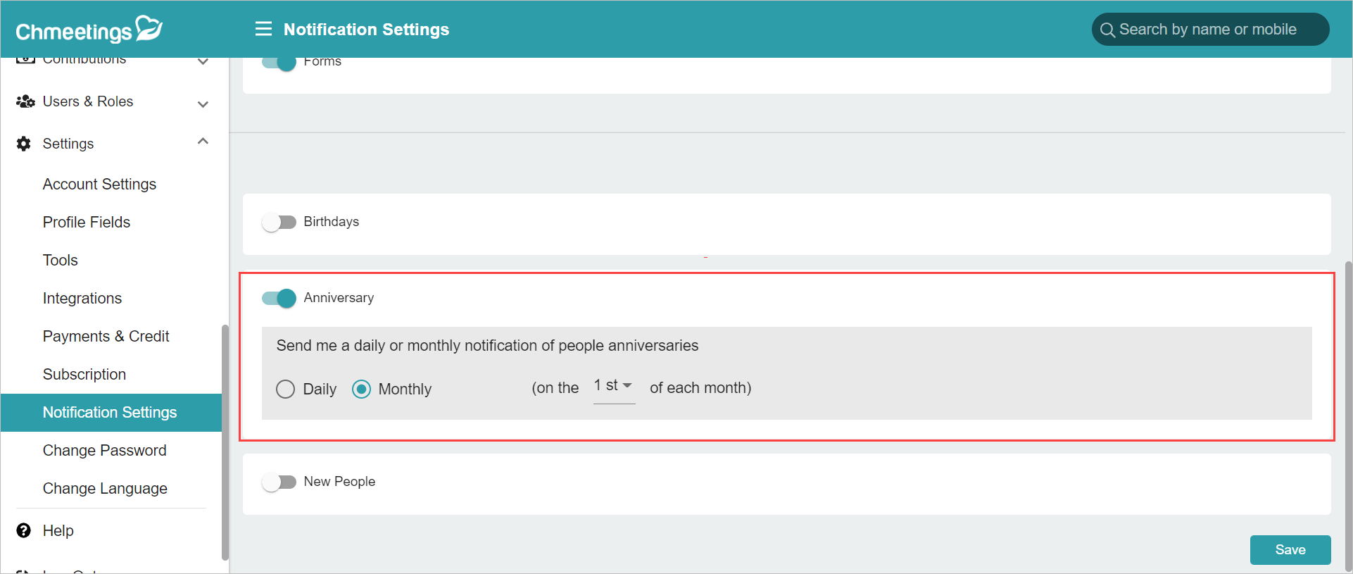 ChMeetings Updates for April 2022 2 Anniversary Notifications Settings