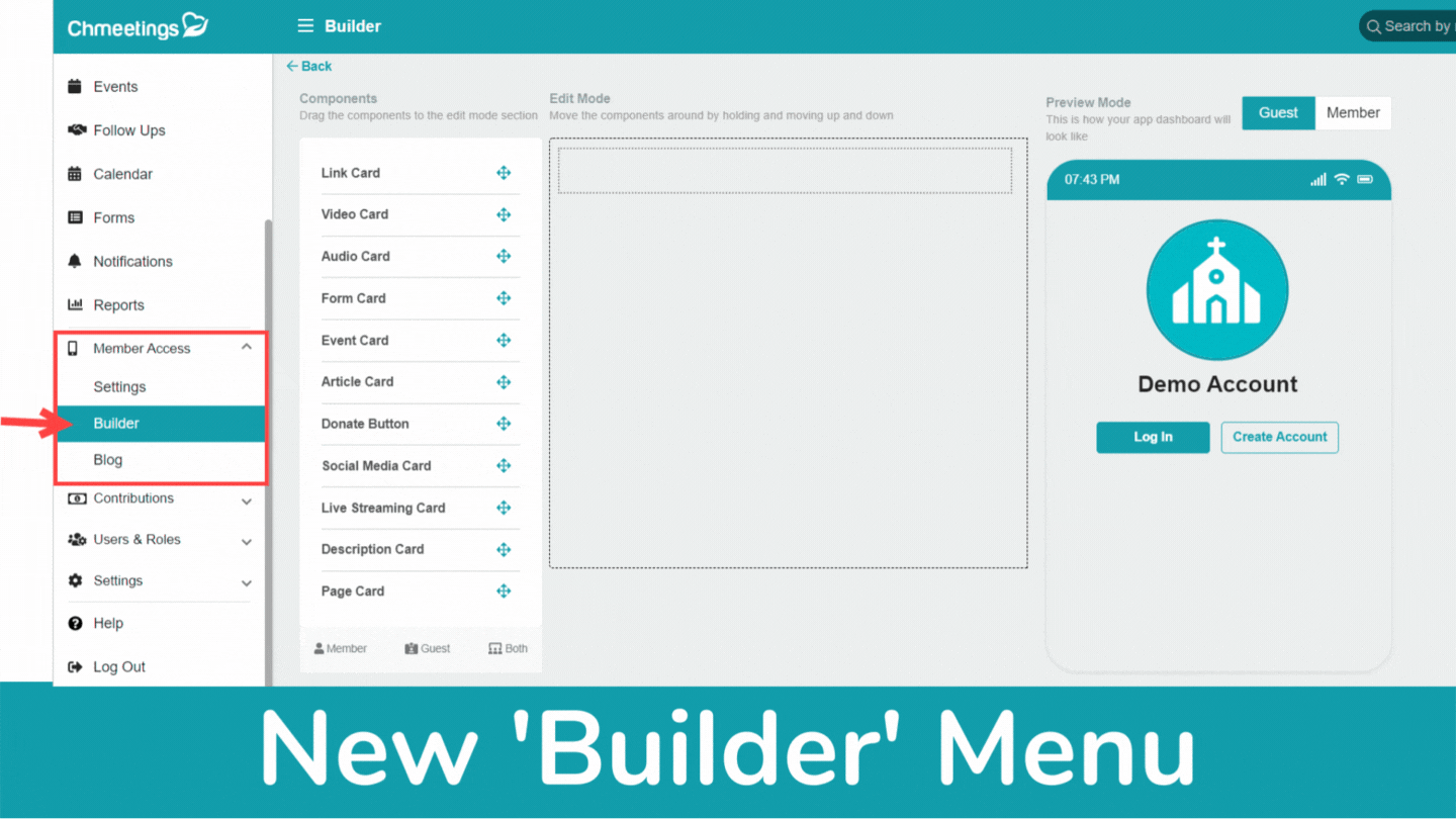 ChMeetings Updates for July 2022 2 Chmeetings new builder menu, more video formats and audio card