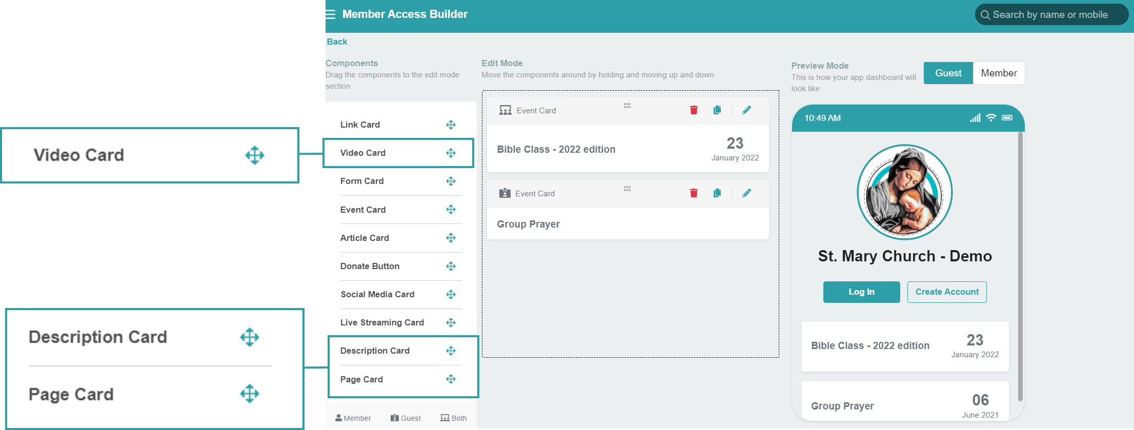 ChMeetings Updates for Q2-2022 4 Build member access view by video, description or page cards