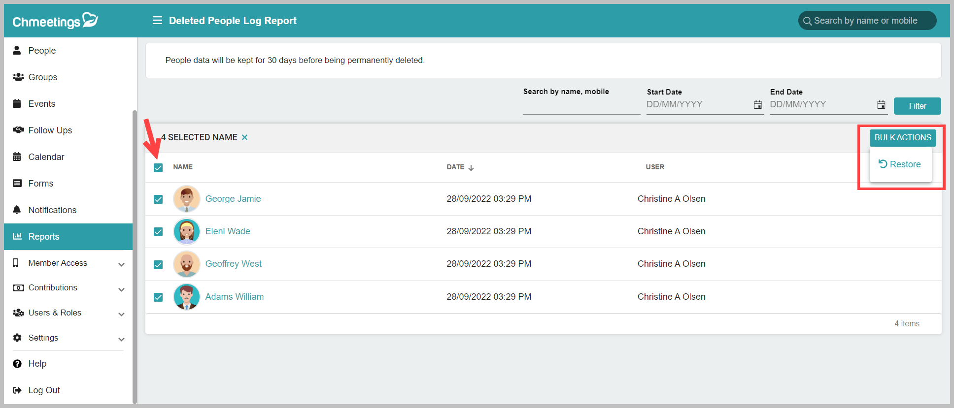 ChMeetings Updates for September 2022 5 bulk restore -