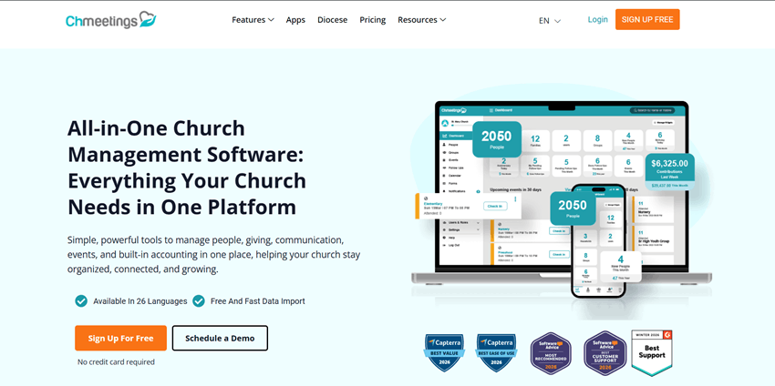 ChMeetings all-in-one church management software dashboard displayed on desktop, tablet, and mobile devices.