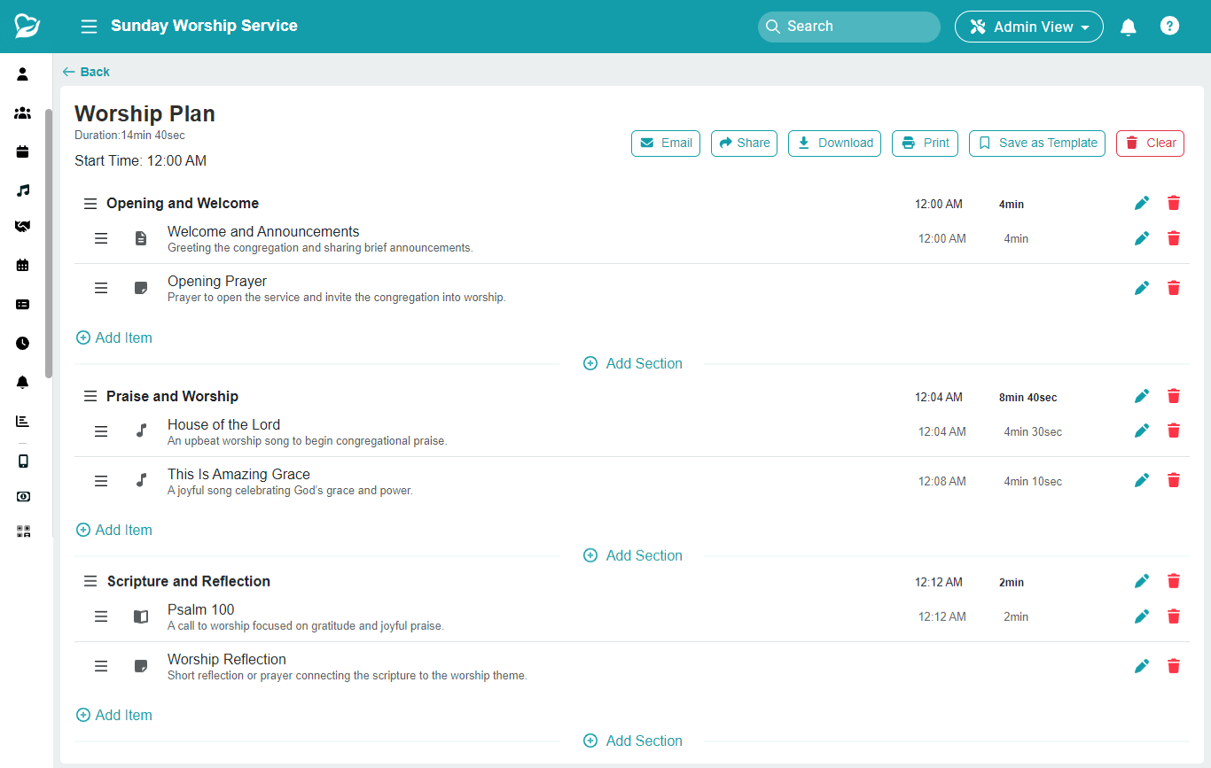All-In-One Church Management Software 32 ChMeetings - Worship planning Service
