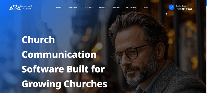Alt text: Connect With My Church communication software homepage featuring a church leader and messaging tools for growing churches.