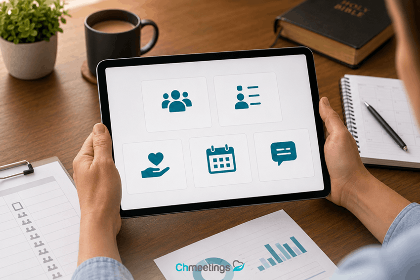 Church administrator using church management software to manage members, attendance, giving, events, and communication in one place.