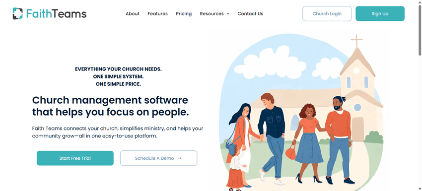 Faith Teams church management software homepage showing church members walking together outside a church.