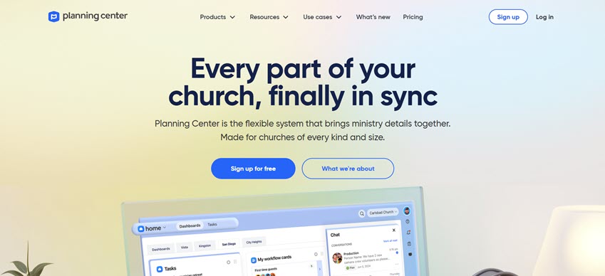 Planning Center church management software displayed on a laptop and smartphone.