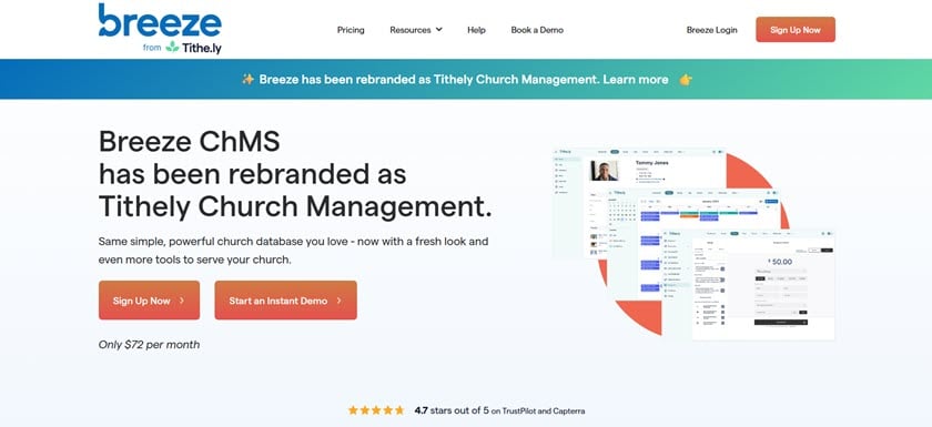Breeze by Tithely church management software showing member profiles, calendars, forms, and online giving tools.