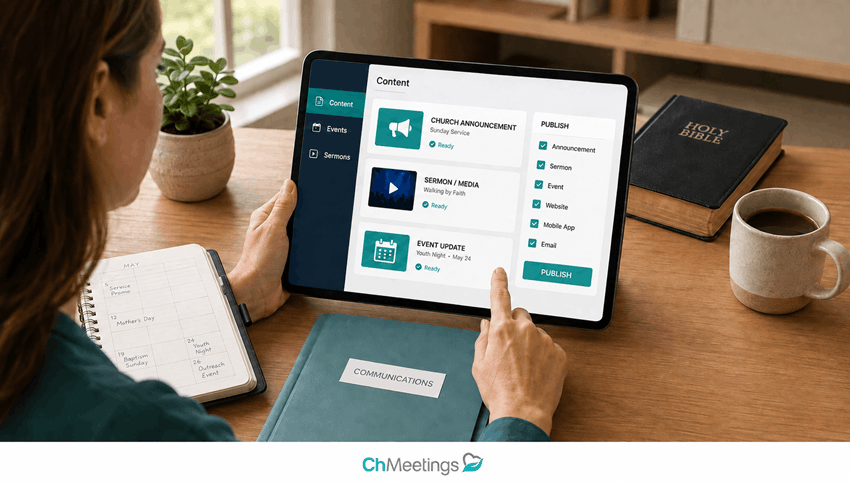 ChMeetings church content management software for organizing and publishing announcements, sermons, and event updates.