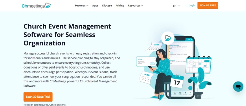 ChMeetings church event management software for registration, check-in, volunteer scheduling, attendance tracking, and payments.