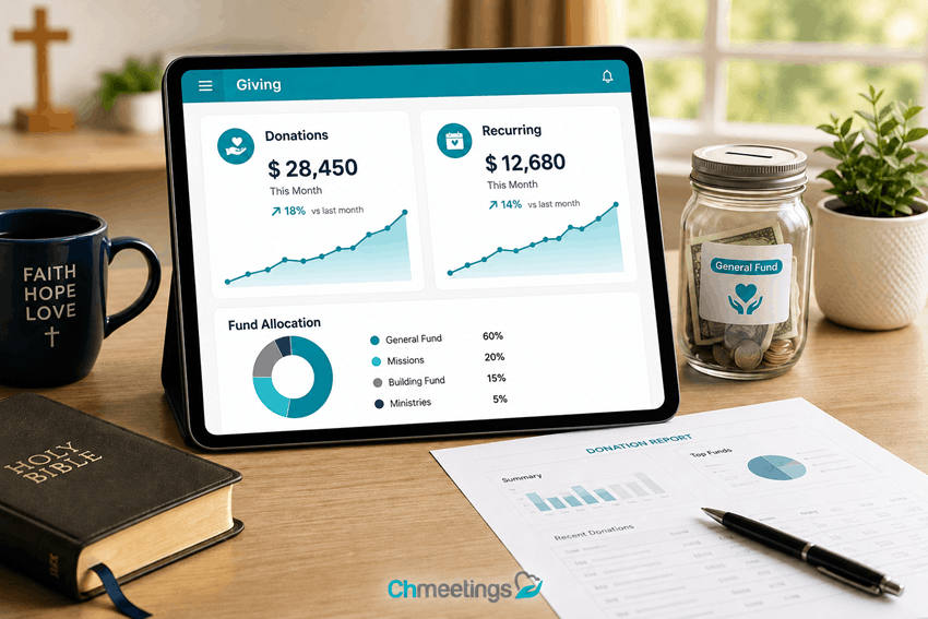 ChMeetings church giving dashboard displaying donations, recurring gifts, growth trends, and fund allocations.