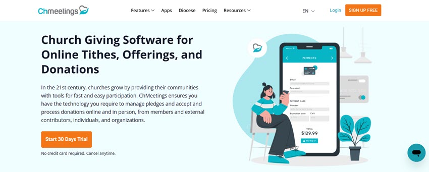 ChMeetings church giving software for managing online tithes, offerings, donations, and recurring payments.