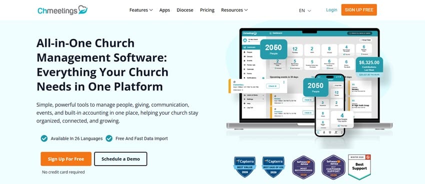 ChMeetings all-in-one church management software for managing people, giving, events, communication, and accounting.