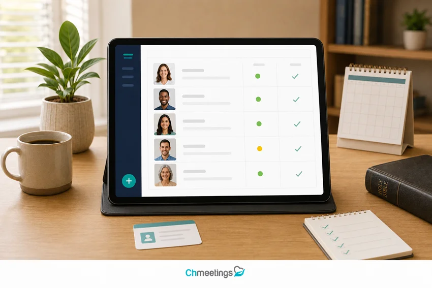 Church membership software displayed on a tablet in a church office, showing member profiles and attendance status.