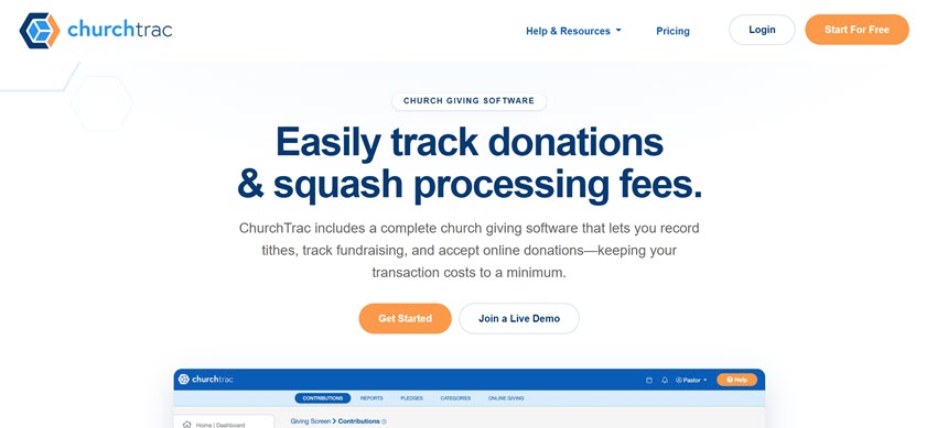 ChurchTrac church giving software for recording tithes, tracking donations, fundraising, and managing online giving.