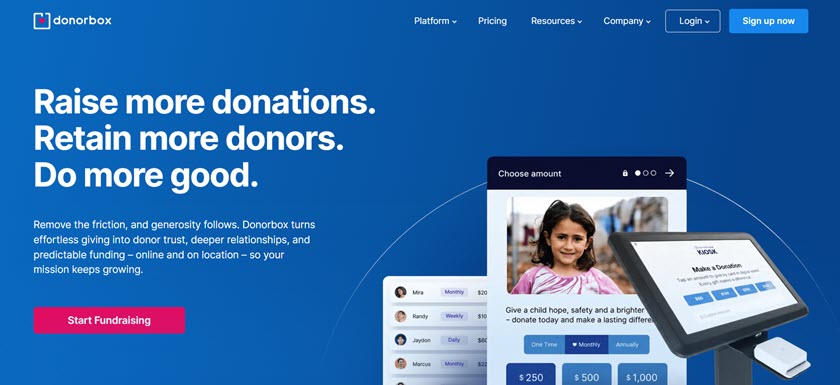 Donorbox fundraising platform showing online donation forms, recurring donor management, and an in-person giving kiosk.