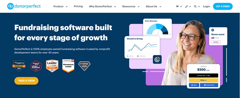 DonorPerfect nonprofit fundraising software showing online donations, donor retention, giving growth, and donor scoring.