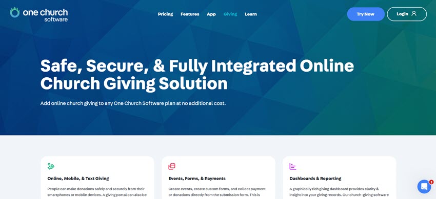 One Church Software online giving solution with mobile and text giving, payment forms, dashboards, and reporting.
