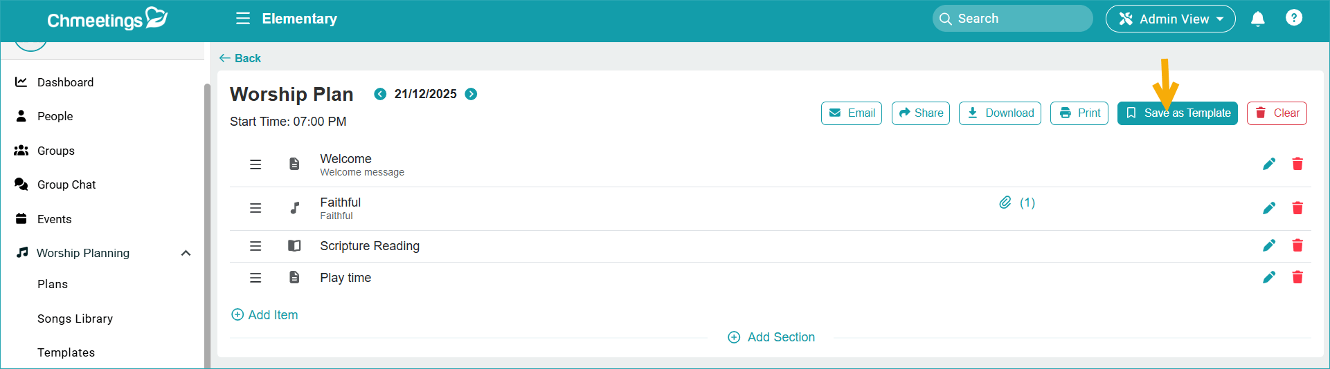 Streamline Worship Planning with ChMeetings 4 save as template -