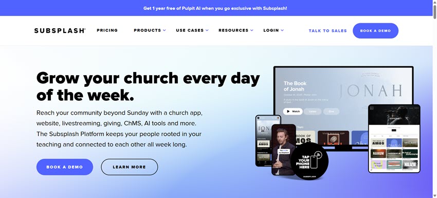 Subsplash church engagement platform featuring church apps, websites, livestreaming, giving, and church management tools.