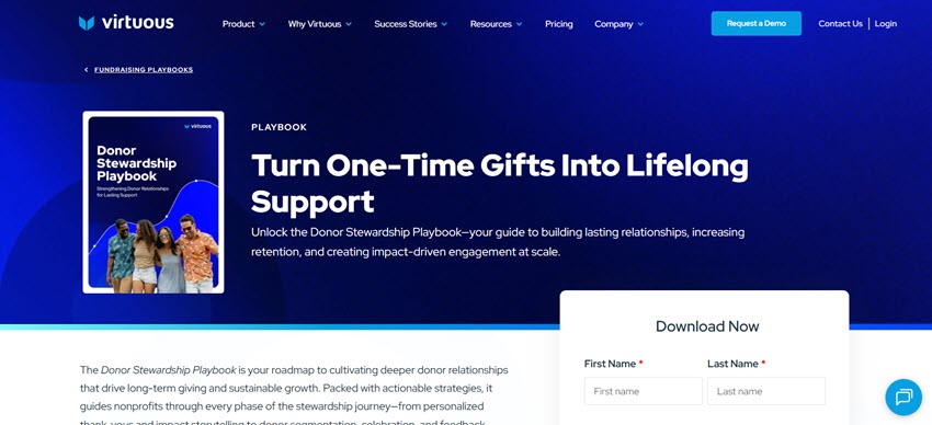 Virtuous Donor Stewardship Playbook for building lasting donor relationships, improving retention, and encouraging long-term support.