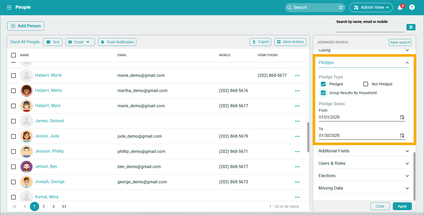 ChMeetings Updates for the Beginning of 2026 4 filters -