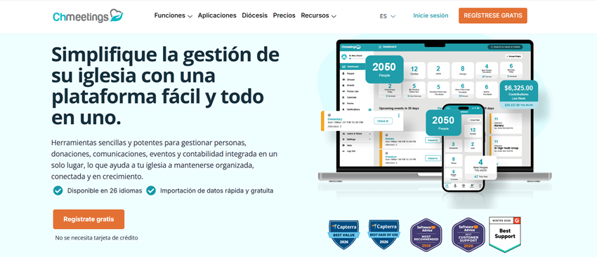 Plataforma todo en uno de ChMeetings para gestionar personas, donaciones, comunicaciones, eventos y contabilidad de la iglesia.