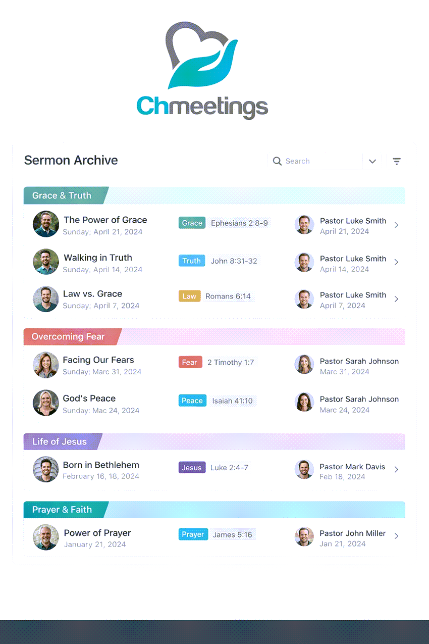 chmeetings church sermon archive dashboard