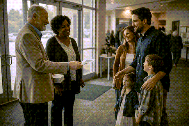 church greeters welcoming new family