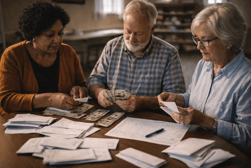 church volunteers counting cash offerings