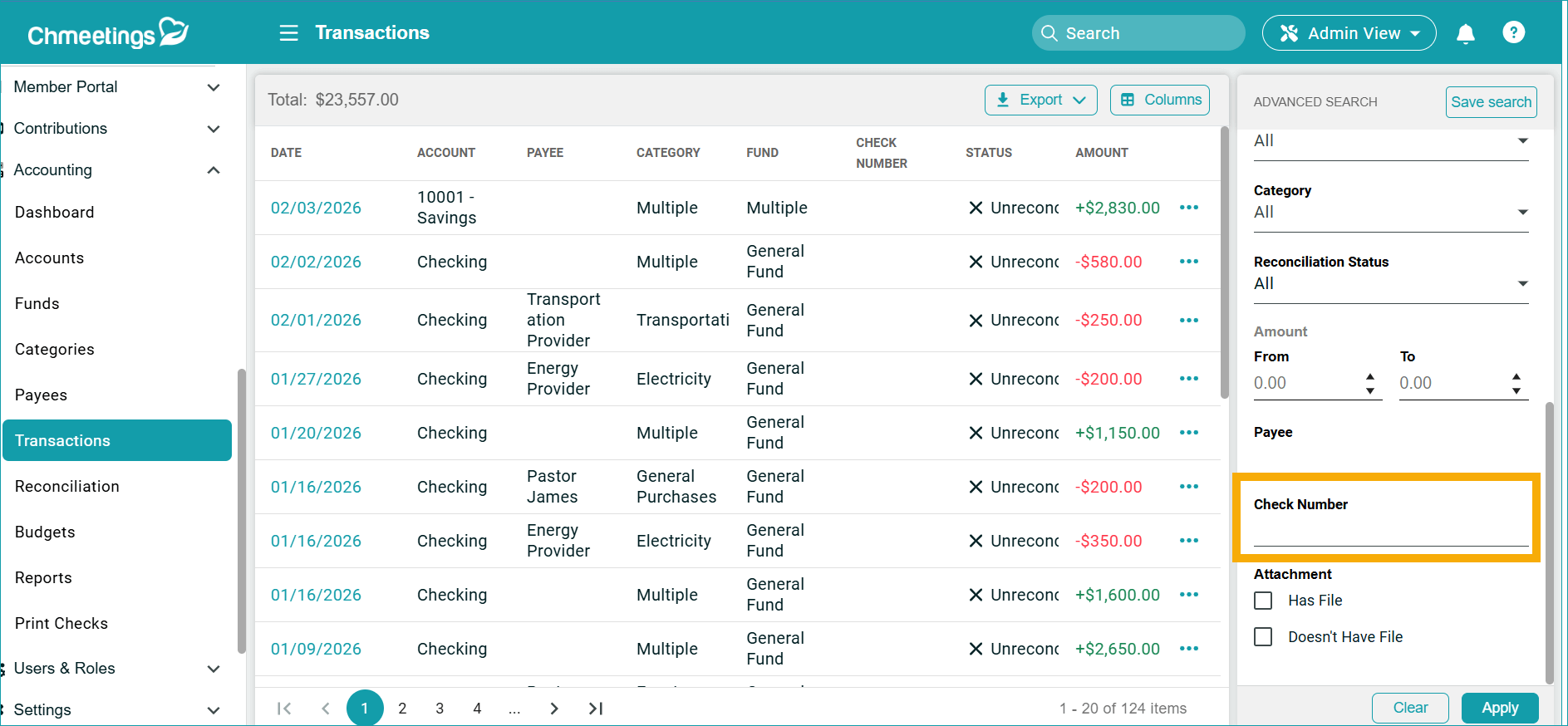 ChMeetings Updates for the Beginning of 2026 11 check number filter -
