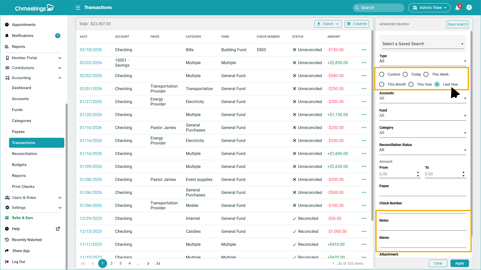 ChMeetings Updates for March 2026 11 transaction search -