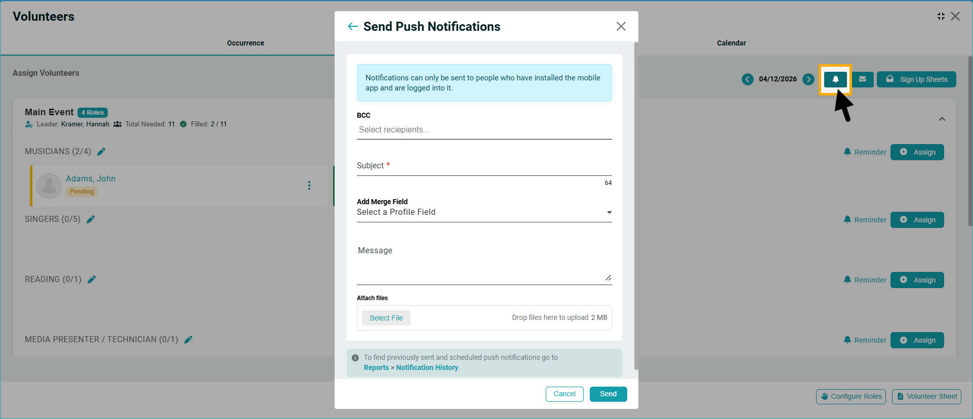 ChMeetings Updates for March 2026 4 volunteer notifications -