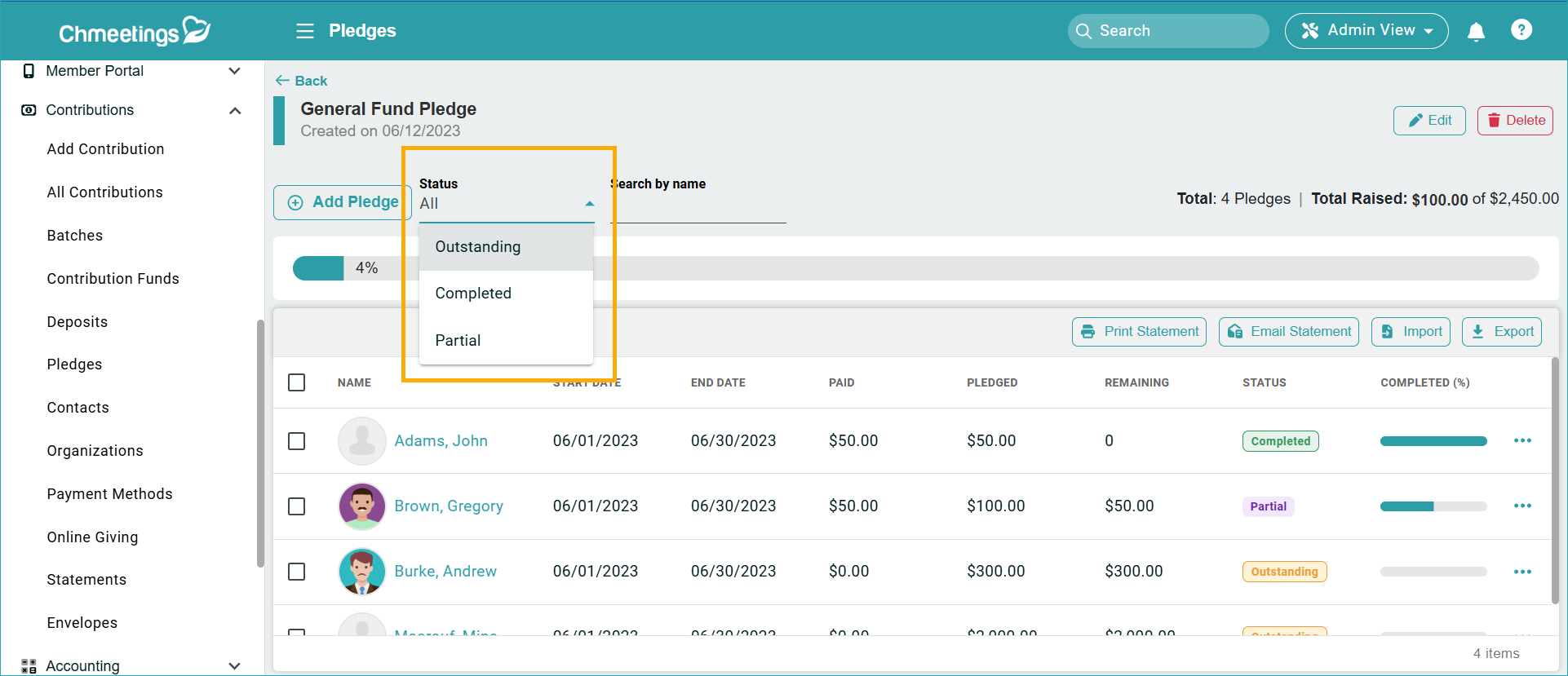 ChMeetings Updates For May 2026 7 pledges filter -