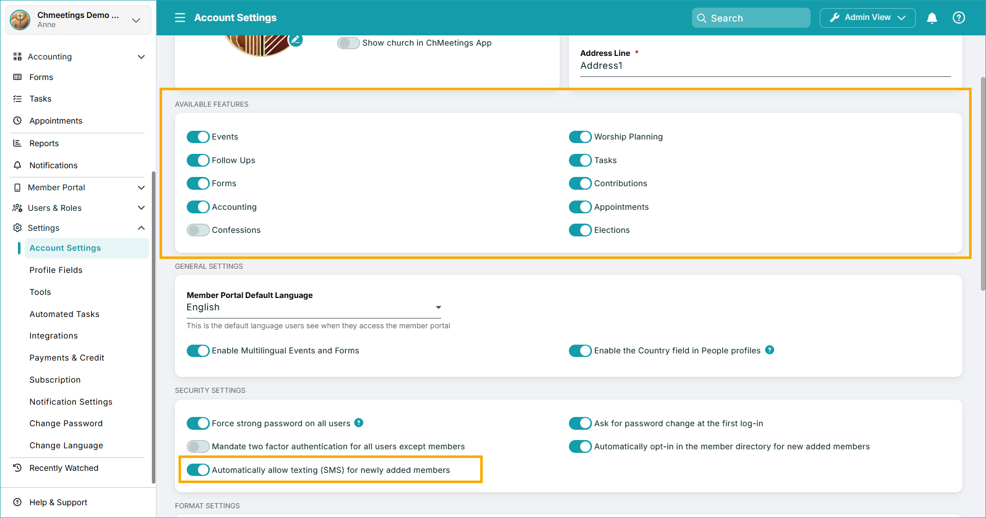 acct settings -