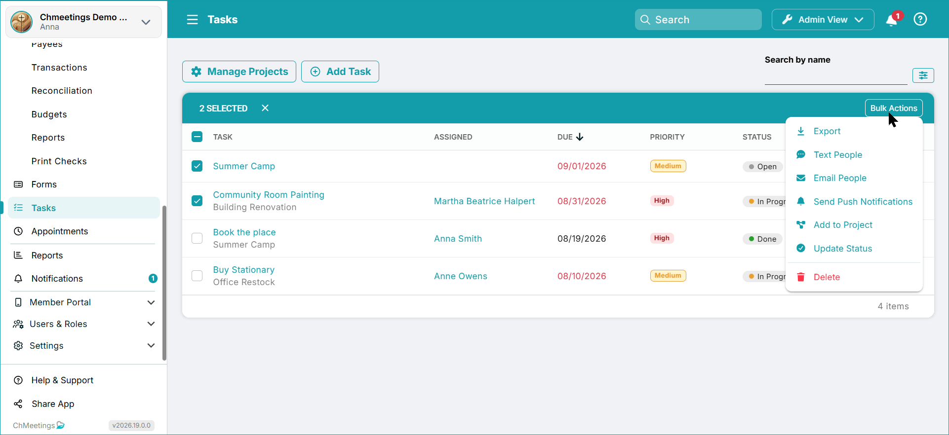 tasks bulk actions -