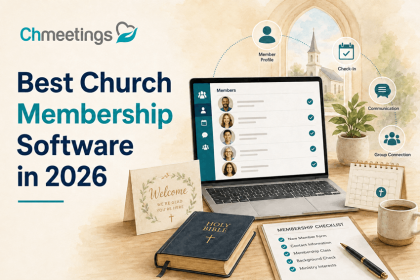 Best Church Membership Software, featuring a laptop with member profiles, church management icons, a Bible, membership checklist and calendar.