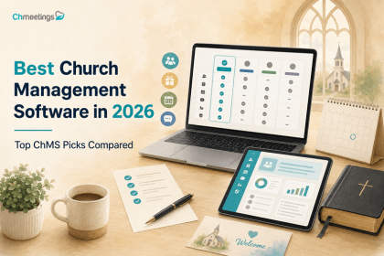 Best church management software in 2026 compared on a laptop and tablet in a warm church office setting.